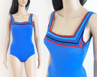 Bañador Gottex vintage de los años 80: escote cuadrado a rayas azules, talla S