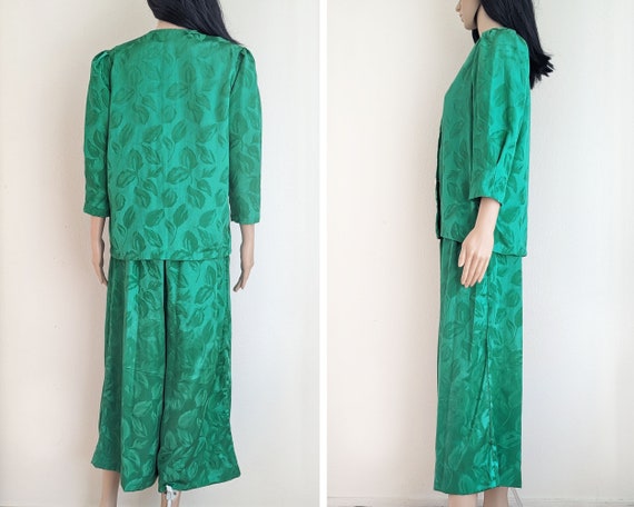 Vintage 80s green jacquard pant set, three piece … - image 2