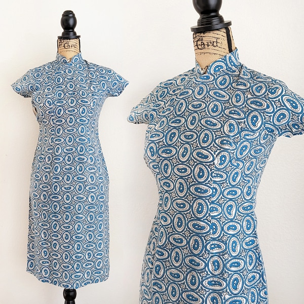 Vintage 60s blue paisley qipao dress, retro geometric print cheongsam, casual handmade qipao dress, size S small