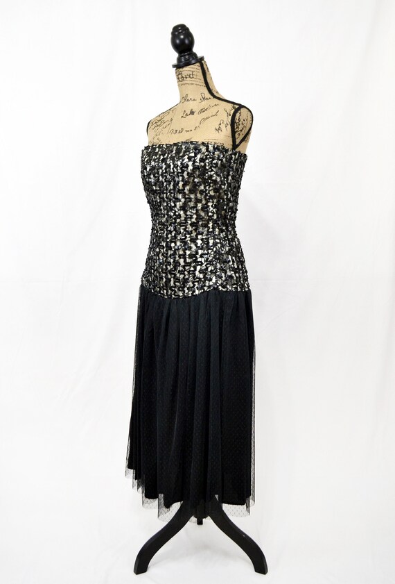Vintage 80s black strapless party dress with sequ… - image 2