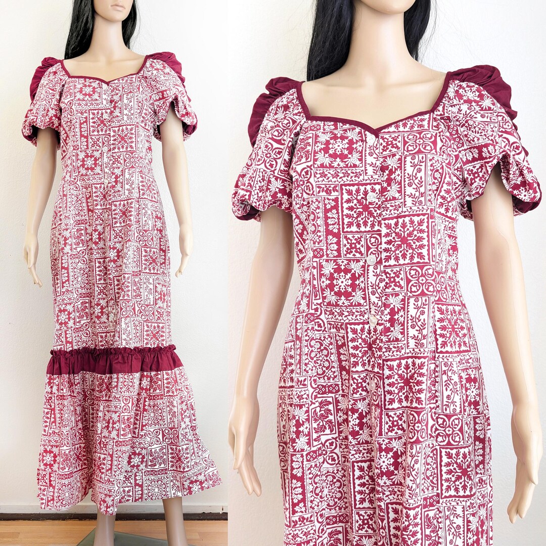 Vintage 60s Hawaiian Maxi Dress, Red Mosaic Floral Print, Puff Sleeve ...