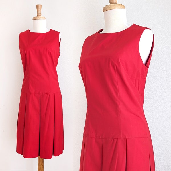 Red scooter dress, vintage 60s sleeveless dropwaist dress, retro mod pleated dress, Custom Detailed by Harburt, size 7/8 small