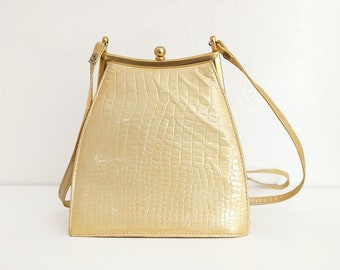 Vintage pale yellow alligator style purse, patent leather shoulder bag