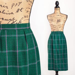 Vintage 90s green plaid skirt, Charter Club Petites 100% wool pencil skirt, size 10 petite medium M