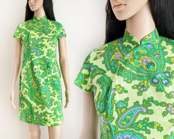 Vintage 60s lime green paisley qipao dress, retro