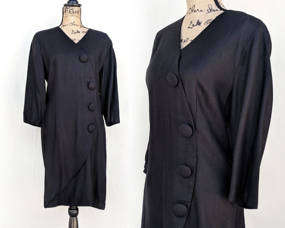 Vintage 80s Black Pencil Dress: Rounded Placket, Big Buttons, Size 12