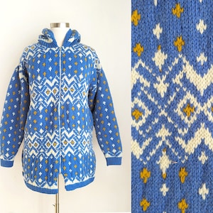 70s blue hand knit hooded sweater, vintage chunky geometric hoodie, diamond pattern, retro zip front knit cardigan, unisex, size XL 2X