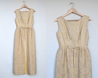 Vintage 60s Gold Brocade Maxi Dress - Amelia Gray Cocktail Gown, Size 6