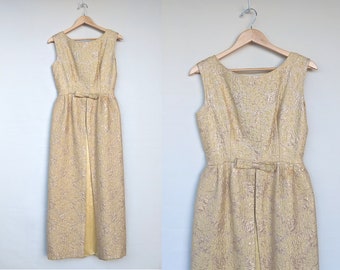 60s gold brocade gown, vintage Amelia Gray maxi dress with bow, formal party cocktail dress, size 6 small S