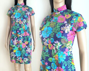 Vintage 60s floral qipao dress, blue retro floral print cheongsam, casual handmade cotton qipao dress, size S small