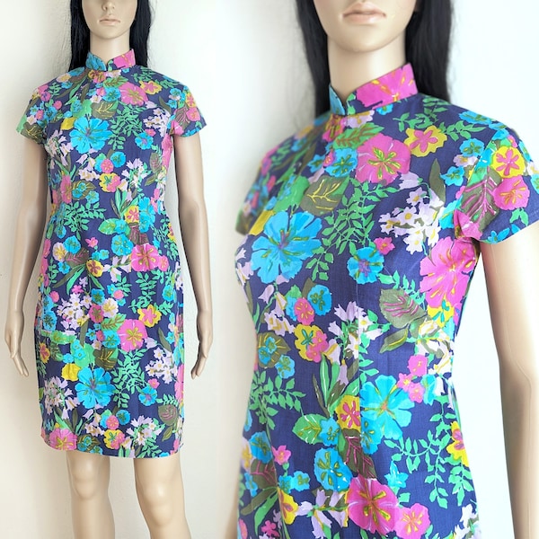 Vintage 60s floral qipao dress, blue retro floral print cheongsam, casual handmade cotton qipao dress, size S small