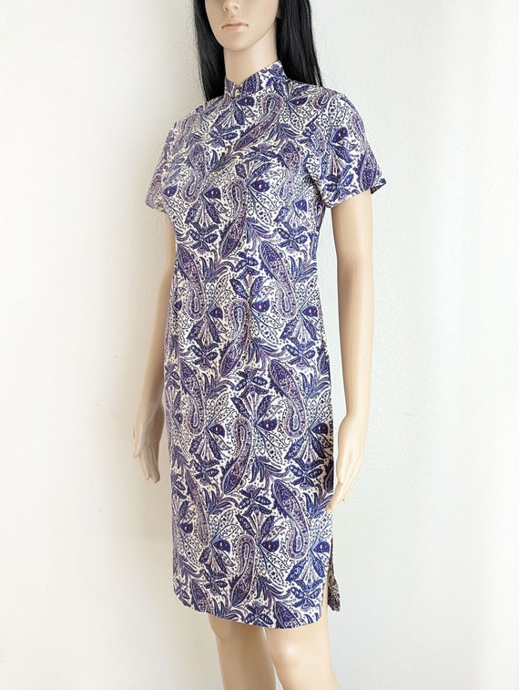 Vintage 60s blue paisley qipao dress, retro paisl… - image 3