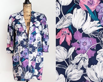 Vintage 90s Floral Blazer: Oversized Open Front Jacket, Size 11/12