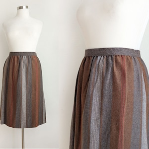 Saia listrada vintage de lã misturada dos anos 60, saia listrada marrom em linha A, tamanho XL