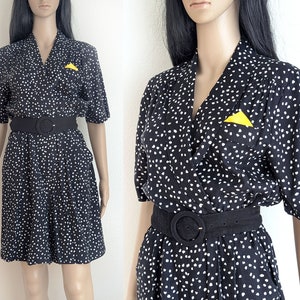 Vintage 90s black romper, spotted short sleeve romper with handkerchief pocket, size S small