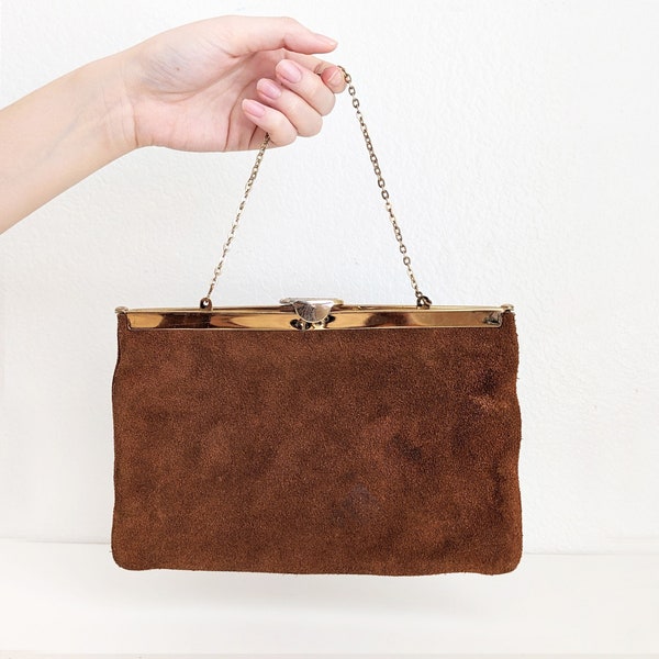 Vintage brown suede clutch purse, Etra mid century gold chain handbag with geometric clasp