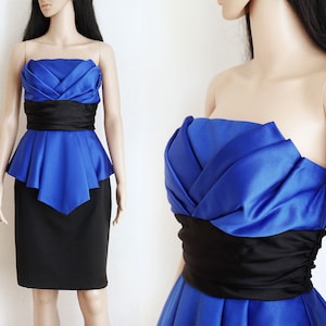 Vintage 80s strapless cocktail dress, royal blue and black peplum dress, two tone formal strapless dress, Midnight Glo, size XS