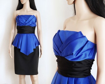 Vintage 80s strapless cocktail dress, royal blue and black peplum dress, two tone formal strapless dress, Midnight Glo, size XS