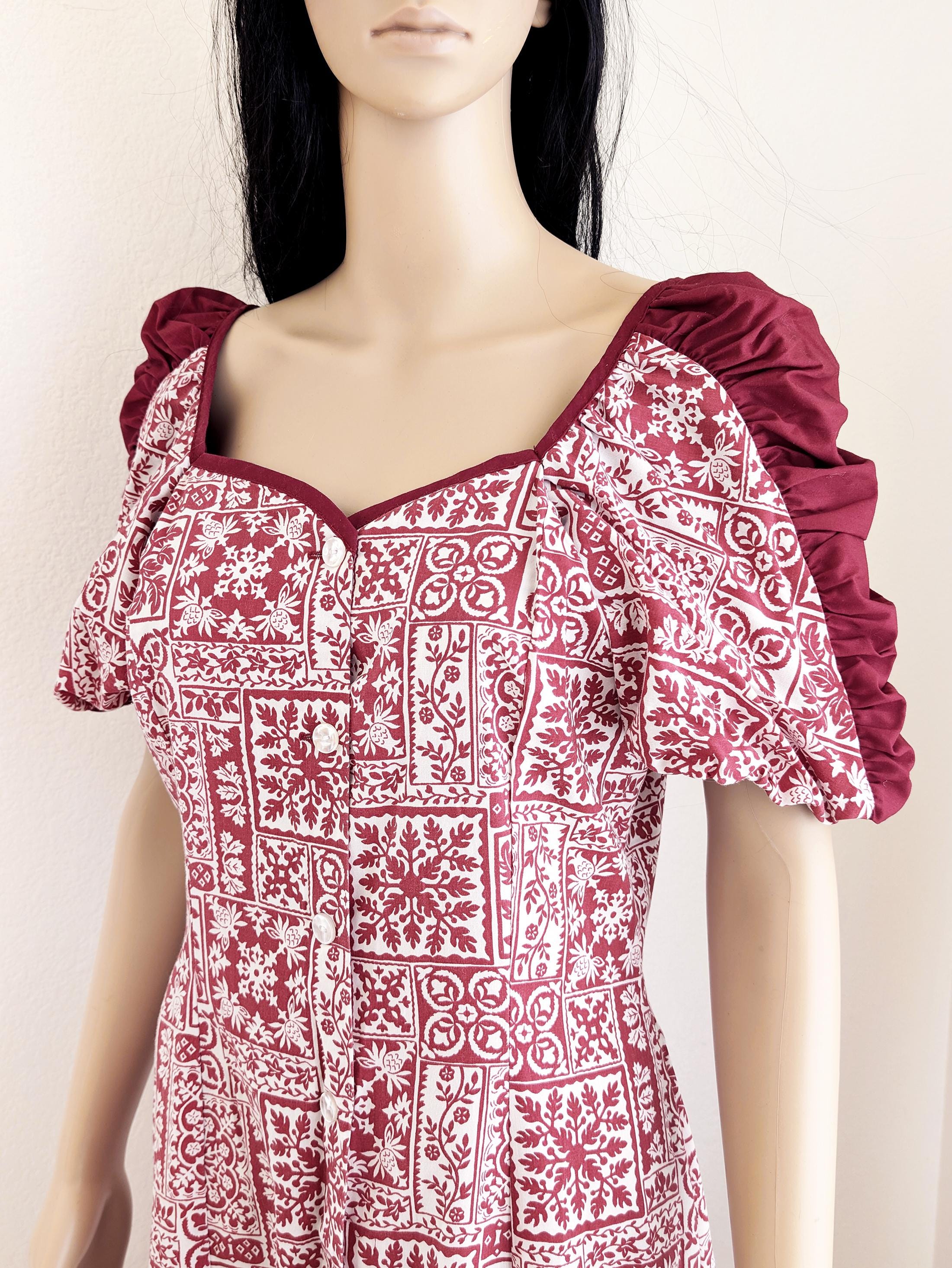 Vintage 60s Hawaiian Maxi Dress, Red Mosaic Floral Print, Puff Sleeve ...