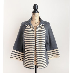 Vintage 60s 70s gray striped cardigan, collared wool knit open front sweater, size L large
