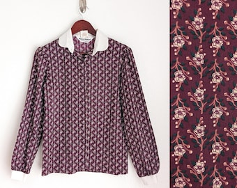 Vintage 70s Floral Blouse, Burgundy Peter Pan Collar, Size 8