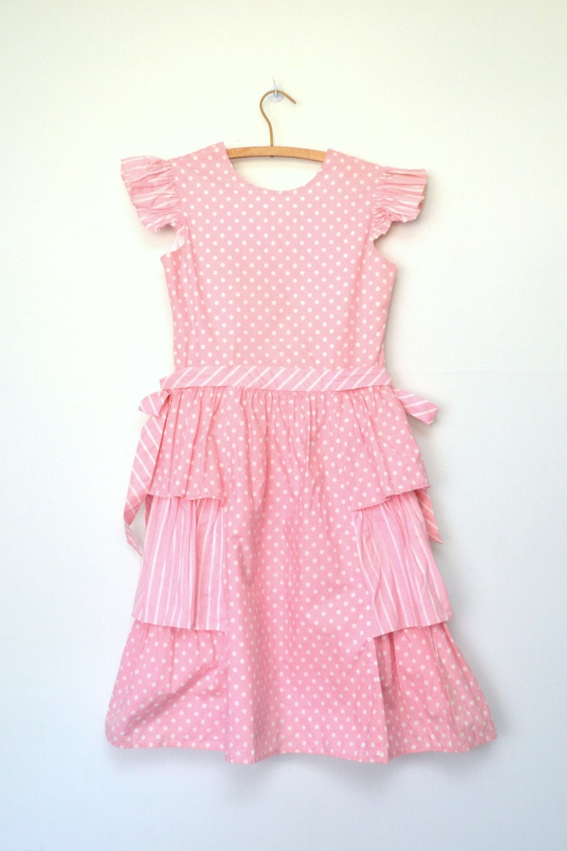 size large L 80s girls pink dress vintage polka dot ruffled tiered dress with cap sleeves