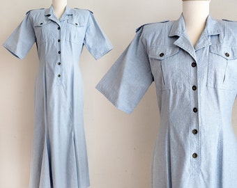 Vintage 80s Chambray Shirt Dress: Military Style Fishtail Midi