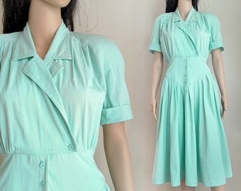 Abito camicia in cotone verde acqua vintage anni '80: abito midi plissettato, XS