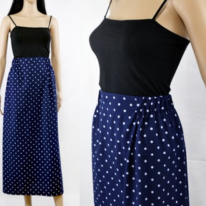Vintage polka dot maxi skirt, 80s long navy pencil skirt, size 8 / 10, medium M