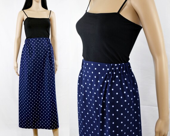 Vintage Polka Dot Maxi Skirt 80s Long Navy Pencil Skirt Size 8 10 Medium M