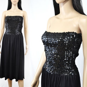 Vintage 70s black sequinned dress, strapless Toppettes disco dress, size small to medium