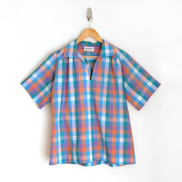 Vintage gingham blouse, colorful 80s retro plaid pullover, short sleeve checked V neck collared shirt, Teddi of California, size L large