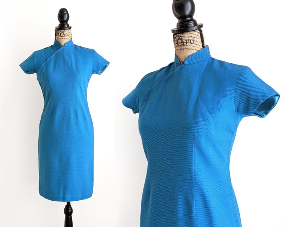 Vintage 60s azure blue qipao dress, solid blue che