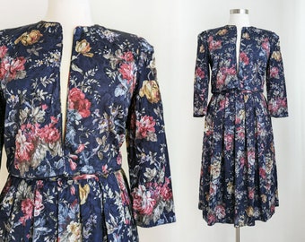 Vintage 80s Floral Jacquard Skirt Suit Set: Open Front Jacket, Pleated Skirt