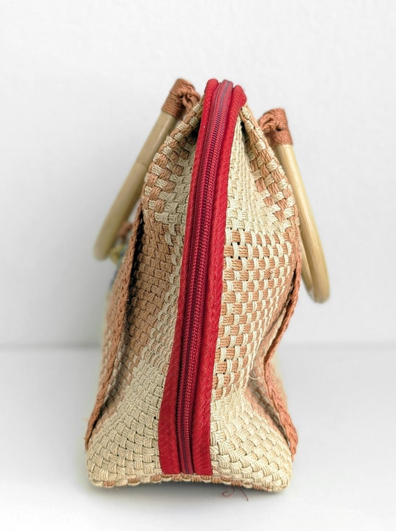 Vintage woven wood handle purse, gingham plaid to… - image 5