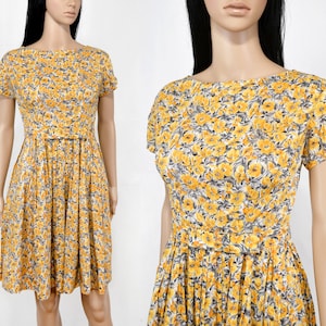 1950s yellow floral day dress, vintage pleated dress with matching belt, size S small
