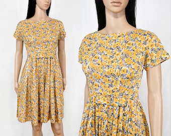 1950s yellow floral day dress, vintage pleated dress with matching belt, size S small