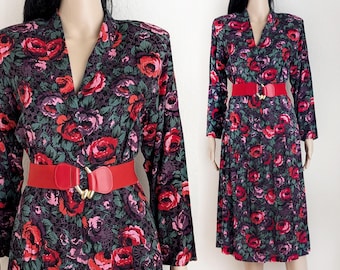 Vintage 80s Floral Rayon Midi Dress: Pleated Skirt, Size S