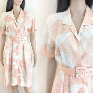 Vintage 80s salmon pink floral shirt dress, Hawaiian floral print orange pink button up dress with matching belt, size 8, medium