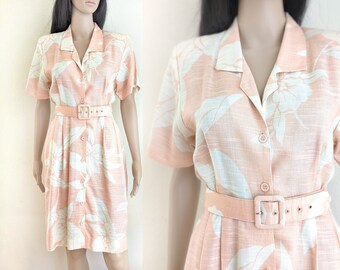 Vintage 80s Floral Shirt Dress: Salmon Pink Hawaiian Print, Size 8