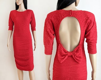 Vintage 80s red open back bodycon dress with bow, size 5/6 small S