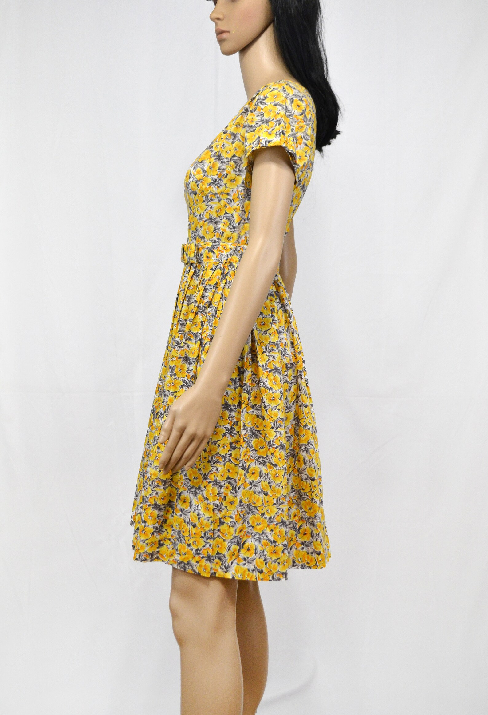 XL 1950s Yellow Cotton Day Dress Black Plaid Short Sleeves Casual Volup