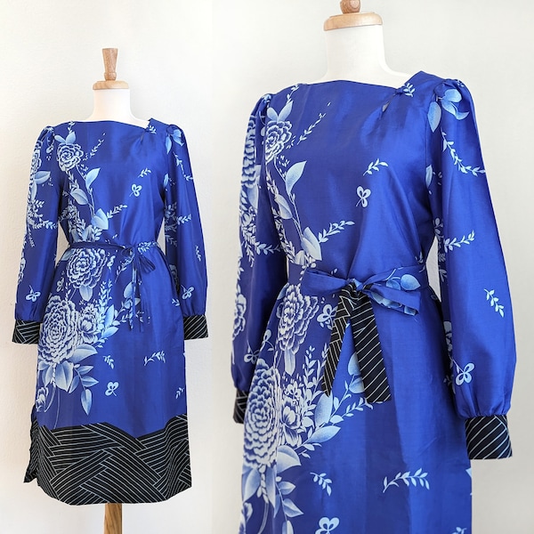 Vintage 70s blue floral boho dress, asymmetrical neckline, border print tie waist dress, Blue Hawaii Sportswear, size S small