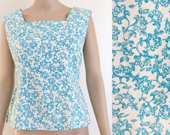 Vintage 60s Floral Tank Top: Blue Renaissance Print, Square Neck, Size Small