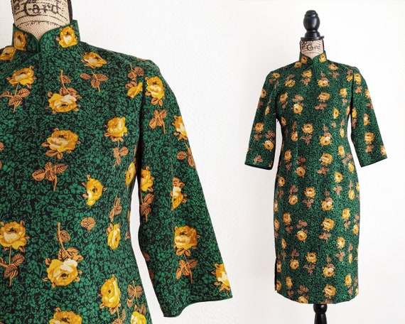Vintage green floral qipao dress, yellow rose prin