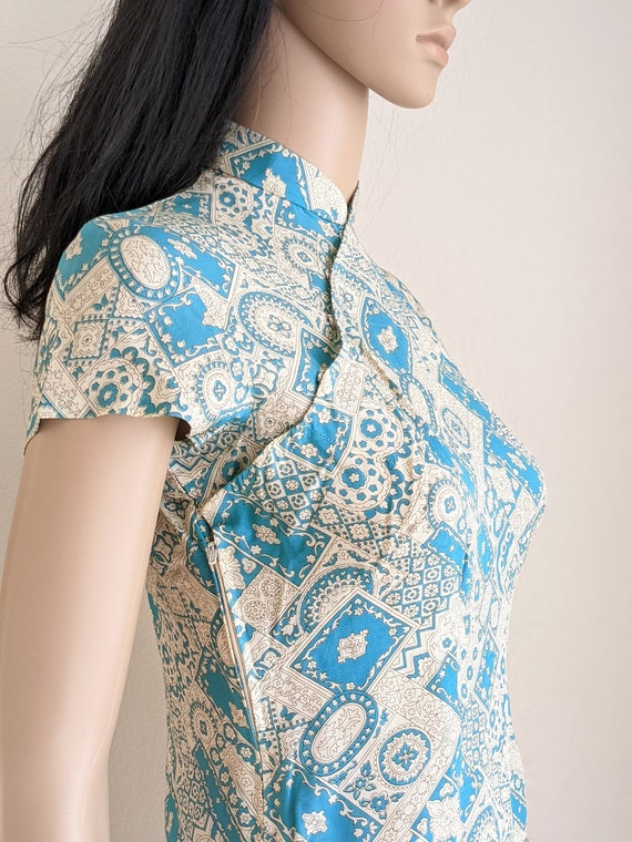 Vintage floral qipao dress, mosaic tile print che… - image 7