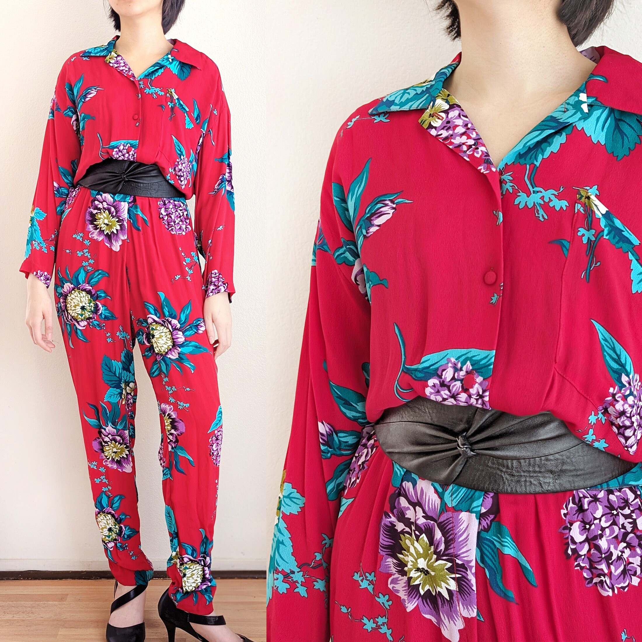 Vintage 90s Red Floral Jumpsuit, Cavalluzzi Boho Chiffon Jumpsuit