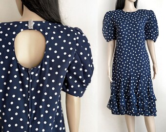 Vintage 80s Polka Dot Puff Sleeve Dress, Flounce Hem