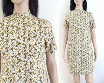 Vintage 60s yellow floral qipao dress, retro daisy print cheongsam, casual handmade qipao, vintage floral cheongsam, size S small