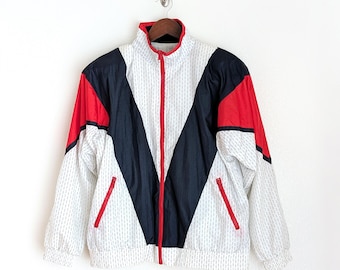 Vintage 90s Windbreaker: Red, White & Navy Sport Jacket (Size M)